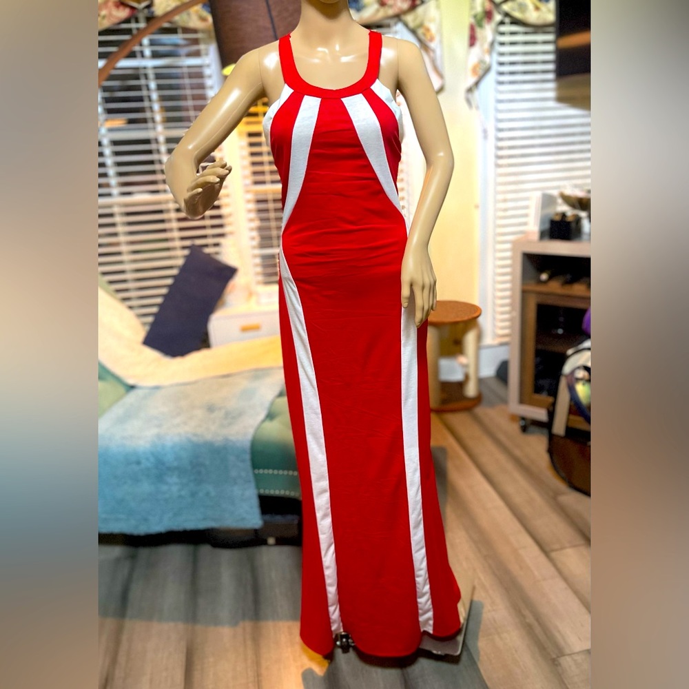 Casual Red and White Party Dress, floor length.